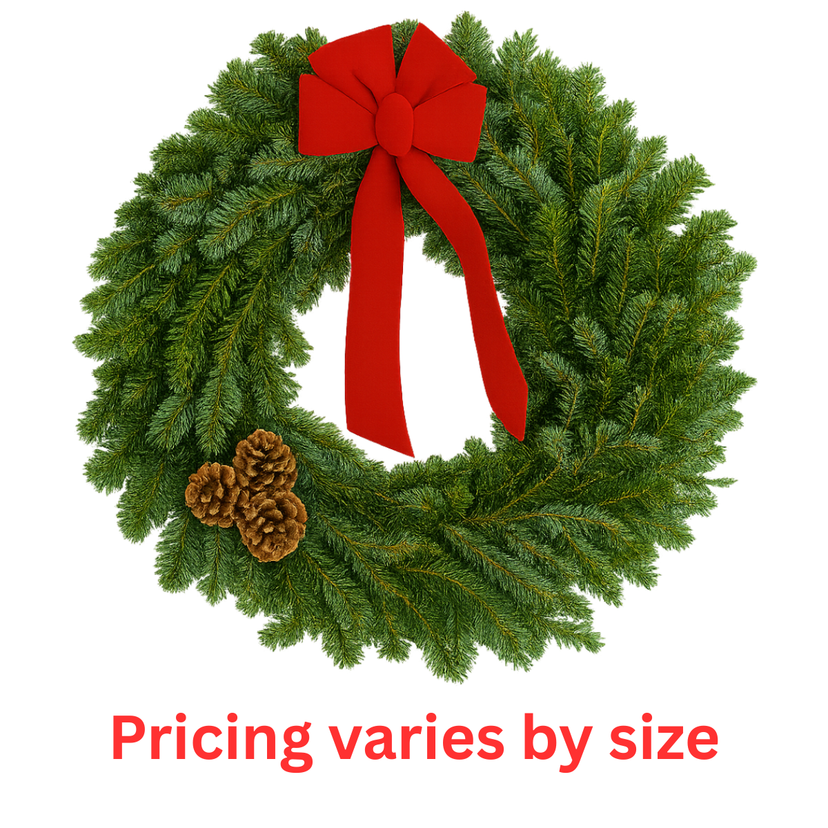 Fraser fir wreath with red bow; available in 20-inch, 26-inch and 30-inch diameters