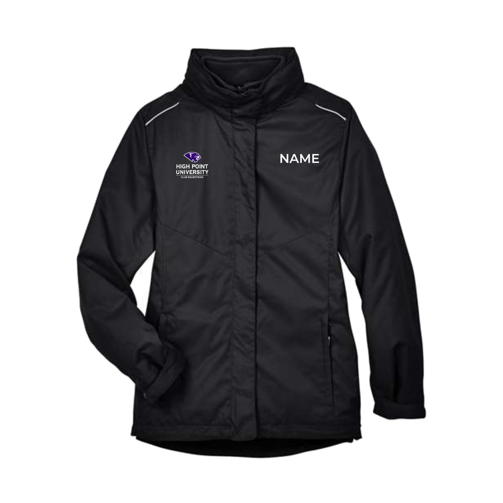 Black CORE365 women’s HPU Club Equestrian jacket with chest logo and personalized last name