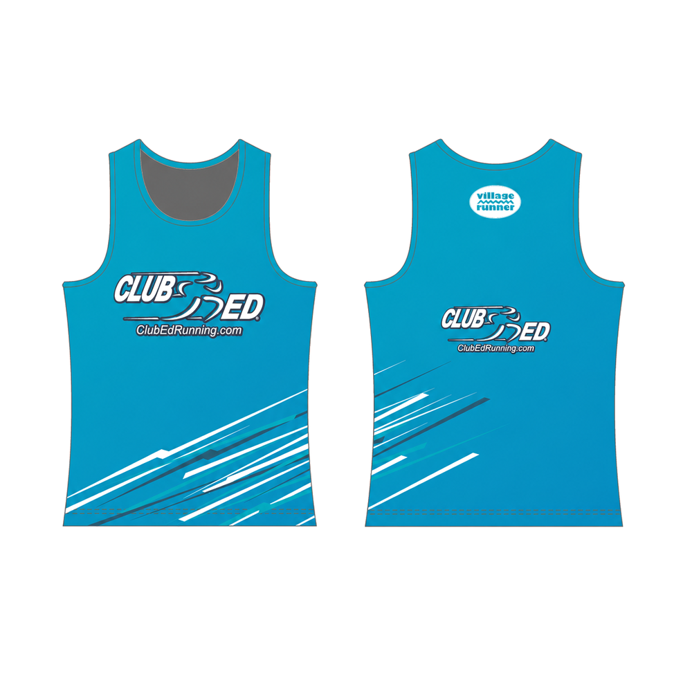 Club Ed women's track singlet in cyan, front and back sublimated views