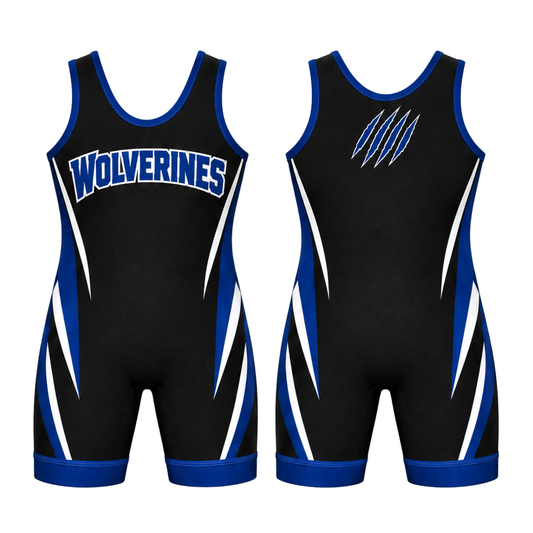 Black West Potomac wrestling singlet, front and back