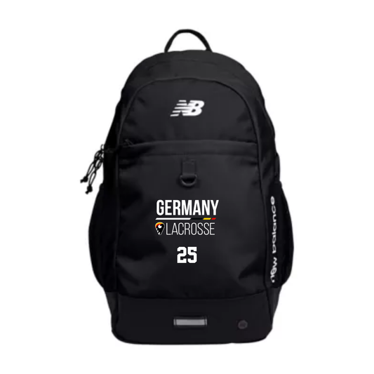 Black New Balance Activate Backpack with German Heritage Lacrosse logo and player number