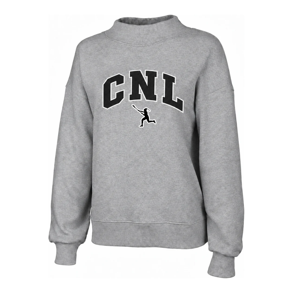 Women's CNL Mock-Neck Sweatshirt in heather grey with black and white CNL chest lettering and lacrosse player logo