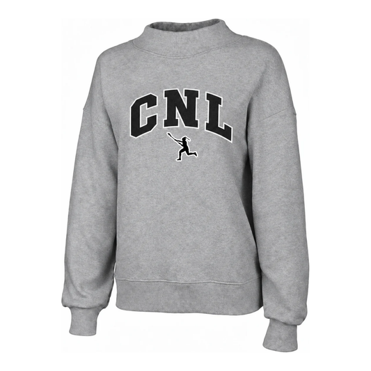 Women's CNL Mock-Neck Sweatshirt in heather grey with black and white CNL chest lettering and lacrosse player logo