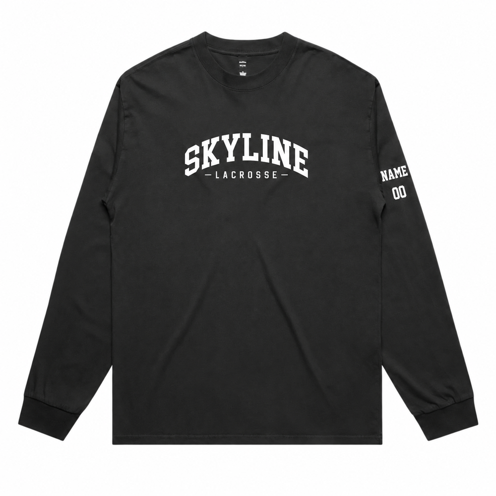 Adult Skyline Spartans Lacrosse AS Colour Heavy Faded LS Tee - Personalized - Faded Black front with personalized left-sleeve name and number