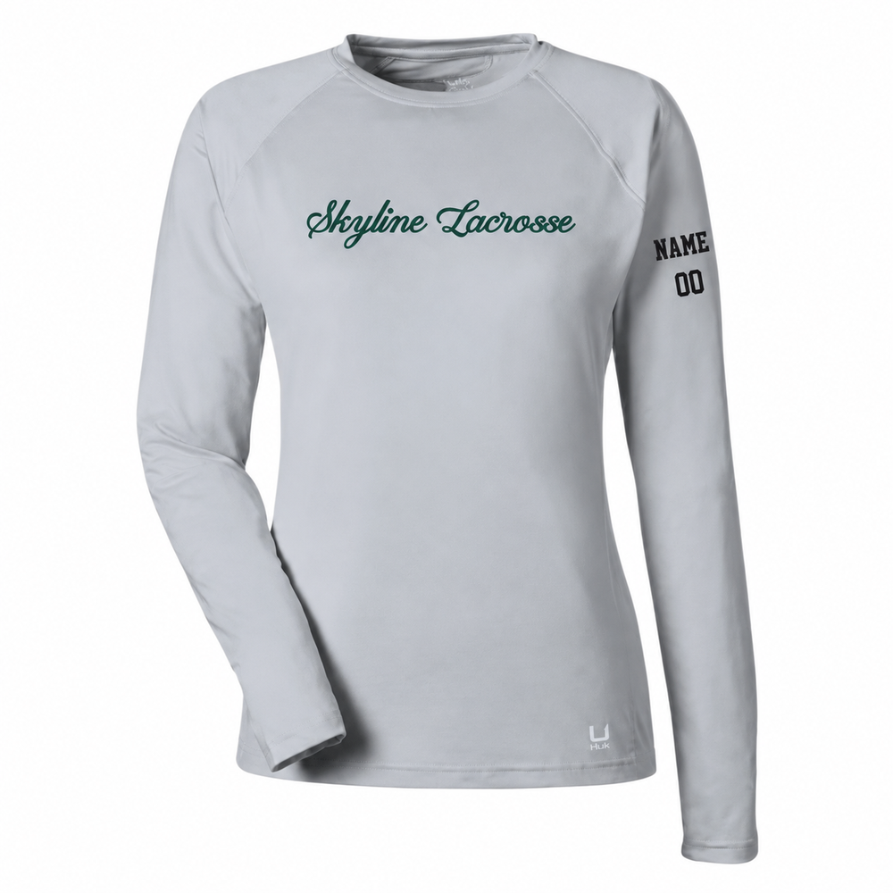 Women's Skyline Spartans Lacrosse HUK LoPro Pursuit T-Shirt - Personalized - Harbor Mist front with personalized left-sleeve name and number