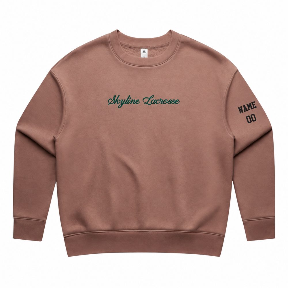 Women's Skyline Spartans Lacrosse AS Colour Relax Crew - Personalized - Hazy Pink front with personalized left-sleeve name and number