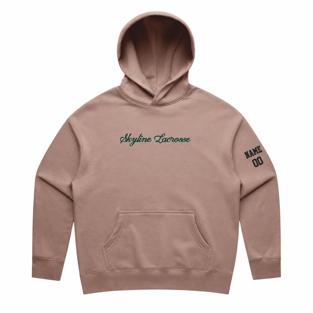 Women's Skyline Spartans Lacrosse AS Colour Relax Hoodie - Personalized - Hazy Pink front with personalized left-sleeve name and number