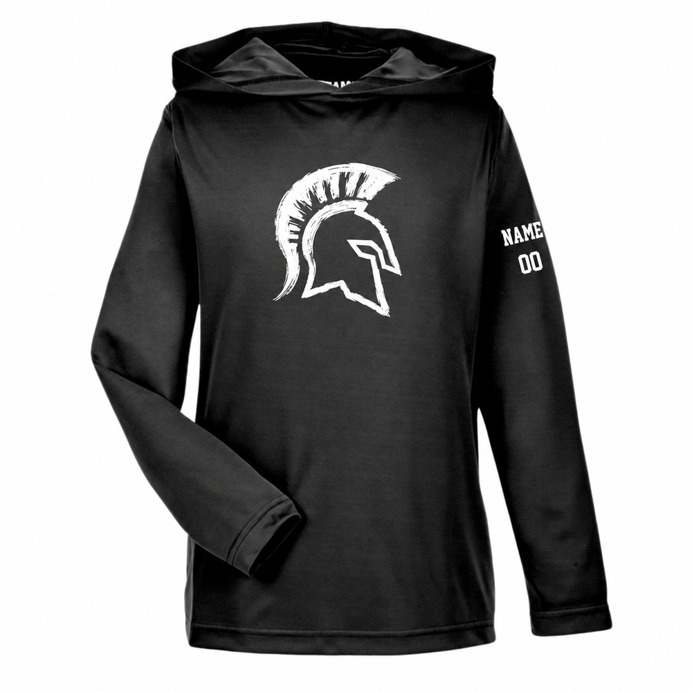 Youth Skyline Spartans Lacrosse Team 365 Zone Performance Hooded T-Shirt - Personalized - Black front with personalized left-sleeve name and number