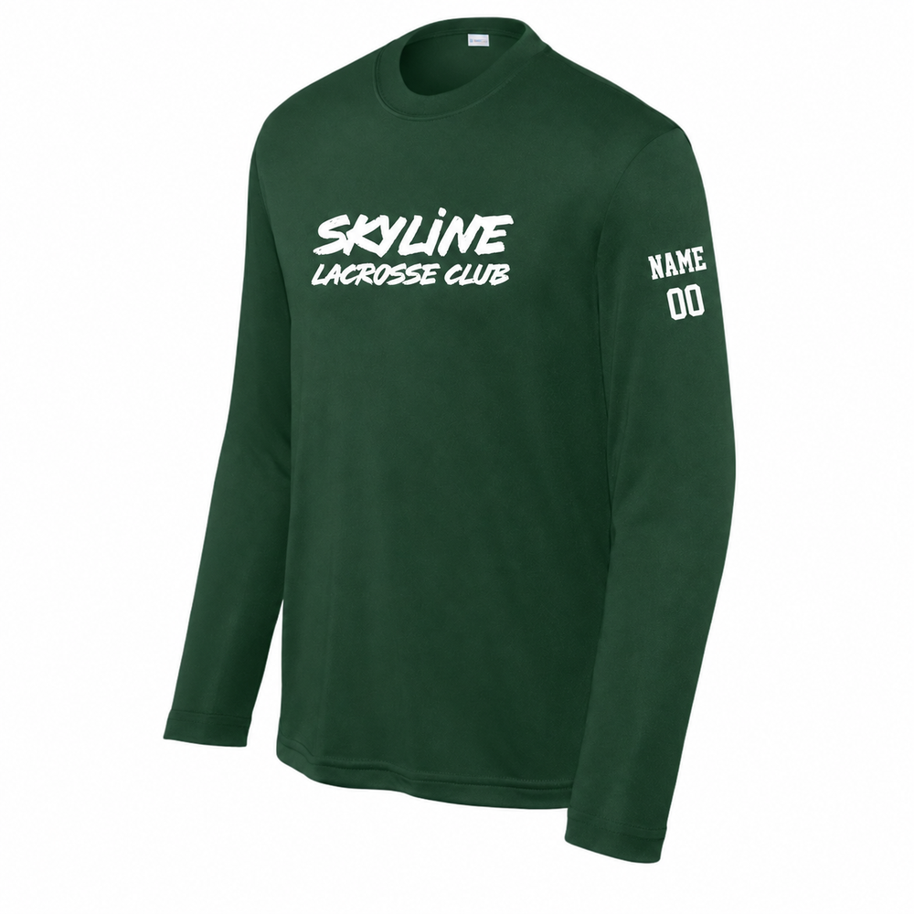 Youth Spartans Lacrosse Sport-Tek Long Sleeve Competitor Tee - Personalized - Forest Green front with personalized left-sleeve name and number