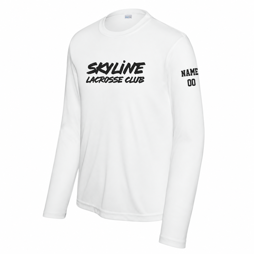 Youth Spartans Lacrosse Sport-Tek Long Sleeve Competitor Tee - Personalized - White front with personalized left-sleeve name and number