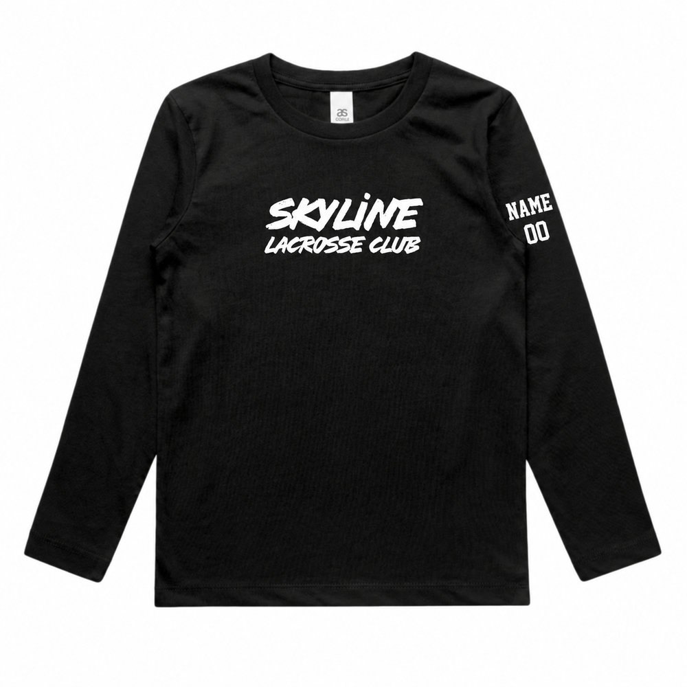 Youth Skyline Spartans Lacrosse AS Colour Staple L/S Tee - Personalized - Black front with personalized left-sleeve name and number