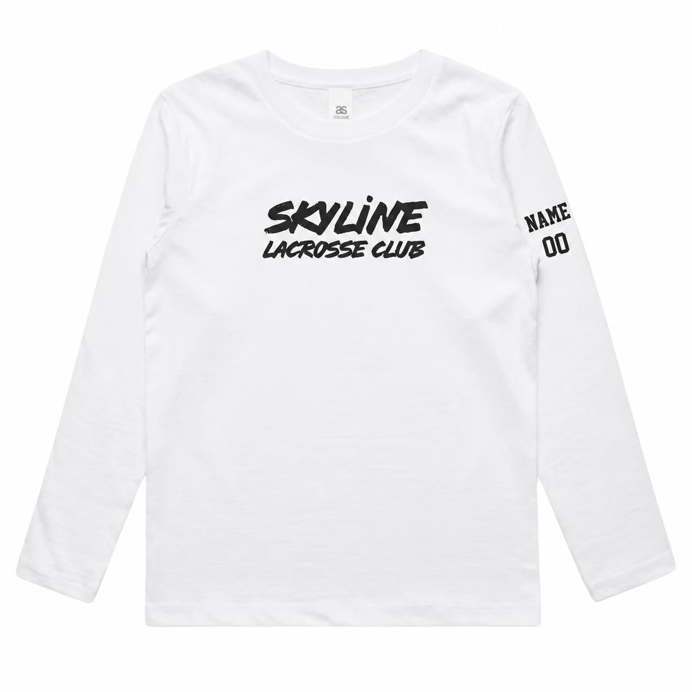 Youth Skyline Spartans Lacrosse AS Colour Staple L/S Tee - Personalized - White front with personalized left-sleeve name and number