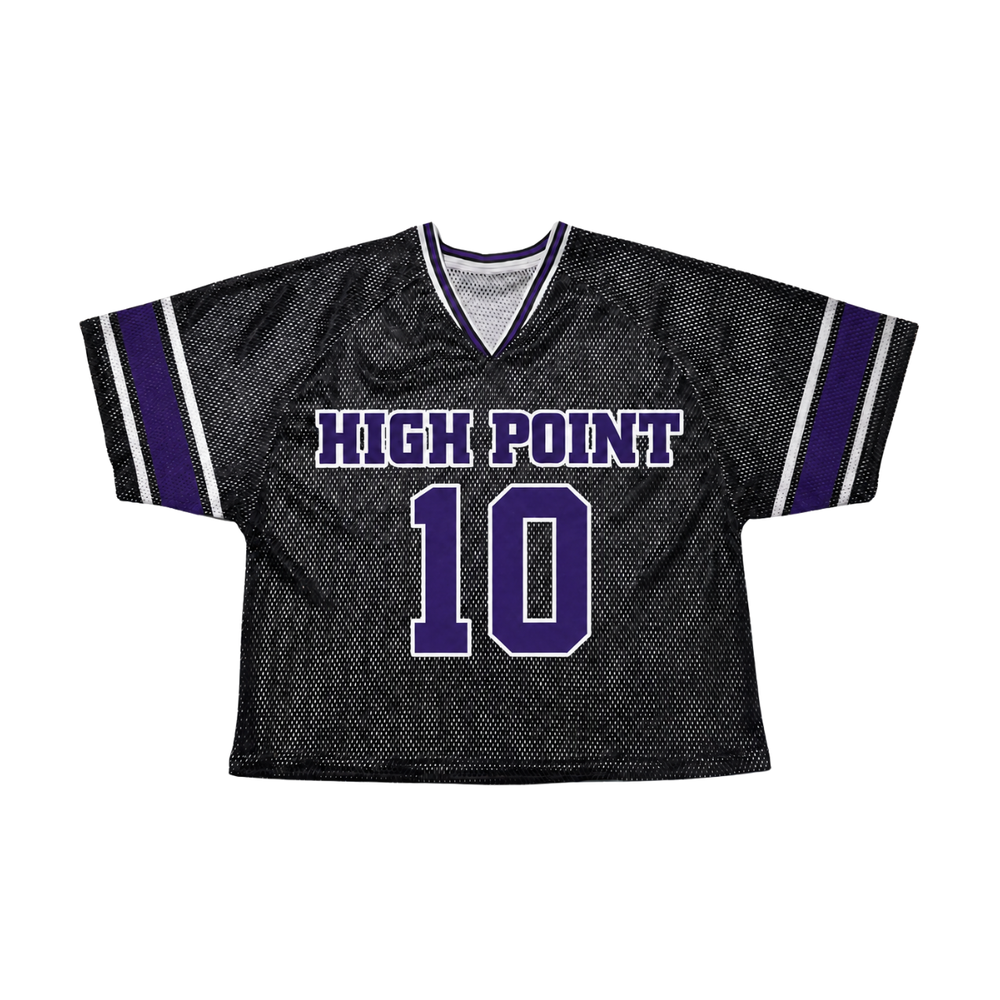 Black and purple High Point porthole lacrosse jersey with player number