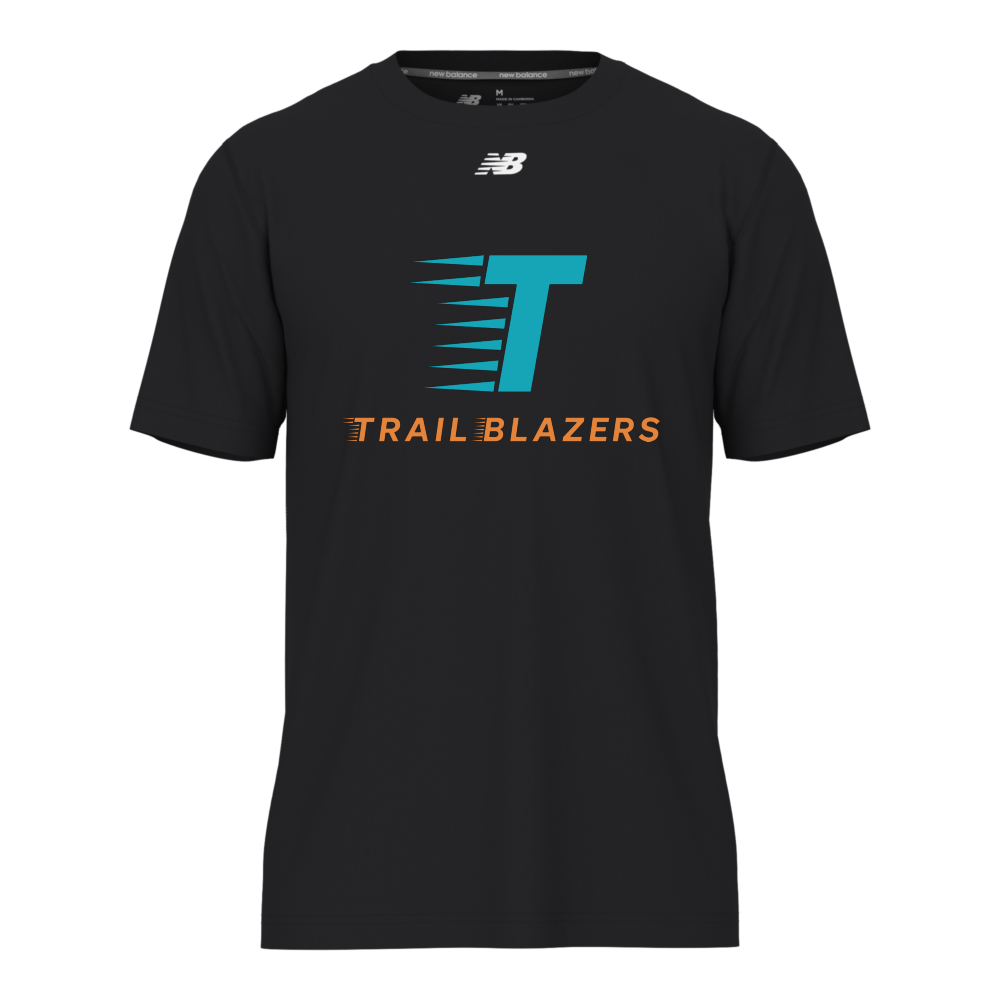 New Balance Men's Activate Tech T-Shirt in Black with teal and orange Trailblazers logo