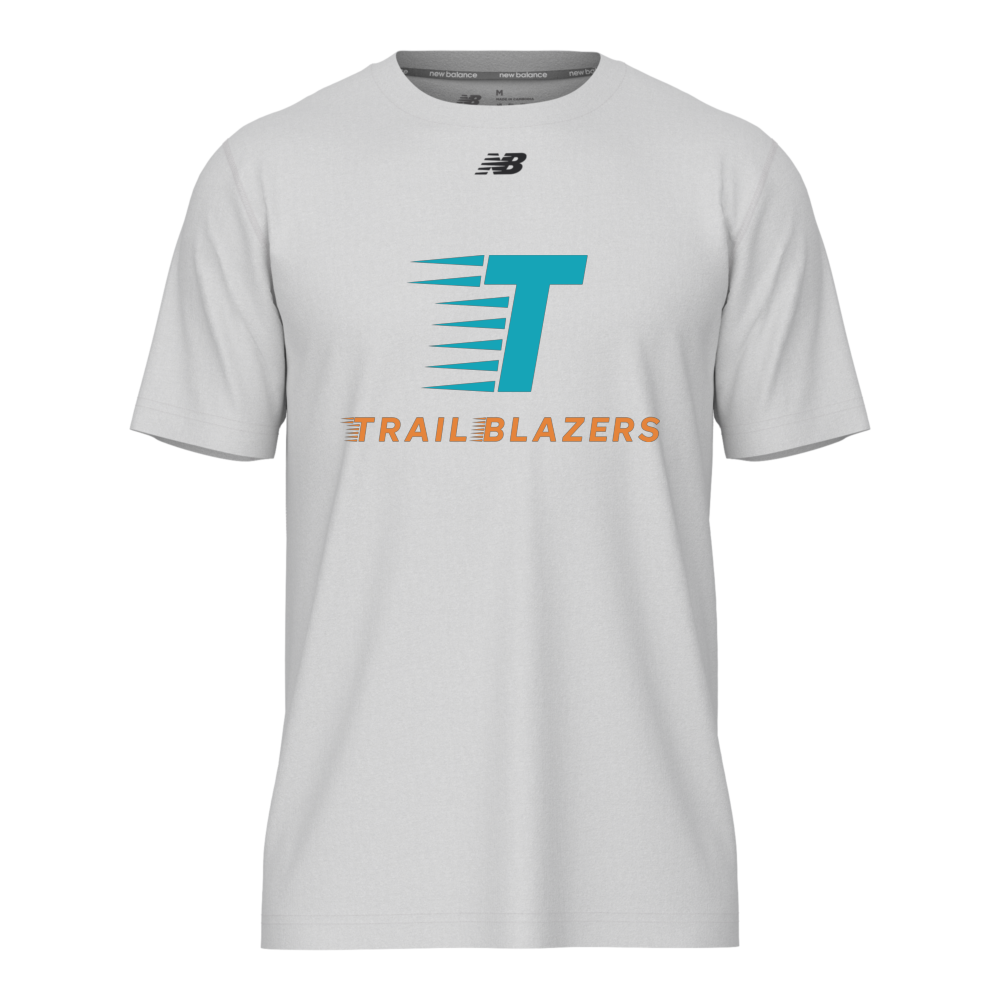 New Balance Men's Activate Tech T-Shirt in White with teal and orange Trailblazers logo