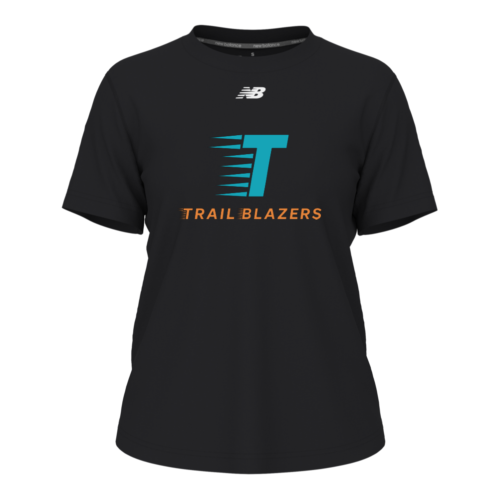 New Balance Women's Activate Tech T-Shirt in Black with teal and orange Trailblazers logo
