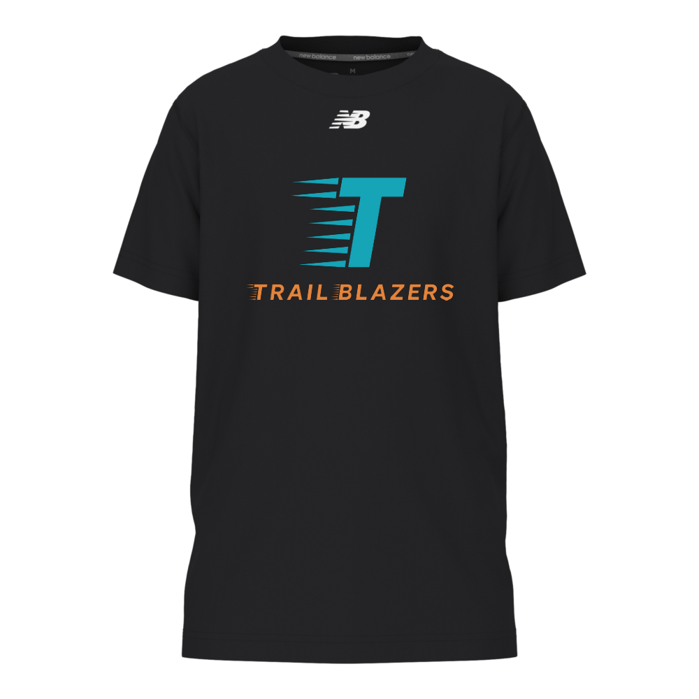 New Balance Youth Activate Tech T-Shirt in Black with teal and orange Trailblazers logo