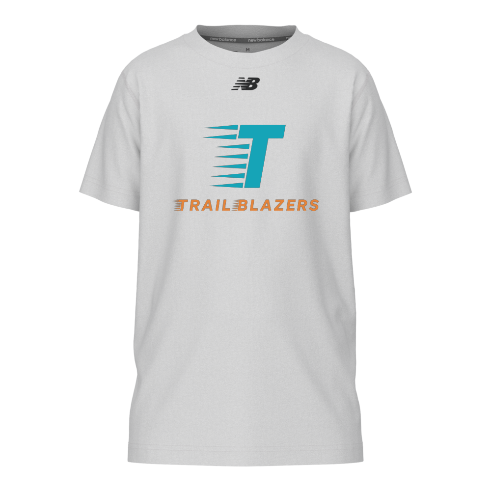 New Balance Youth Activate Tech T-Shirt in White with teal and orange Trailblazers logo