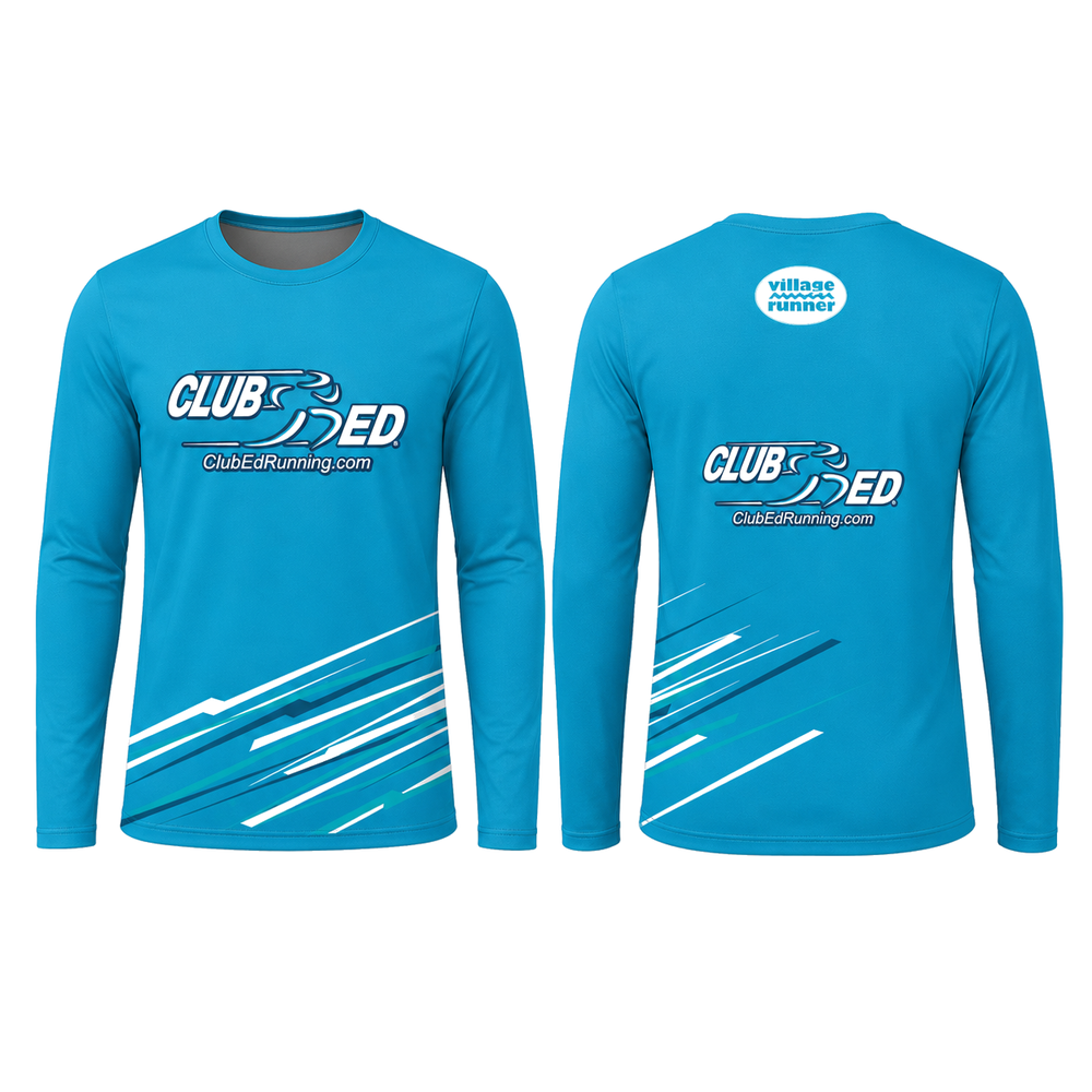 Club Ed unisex sublimated long sleeve shirt in cyan, front and back views
