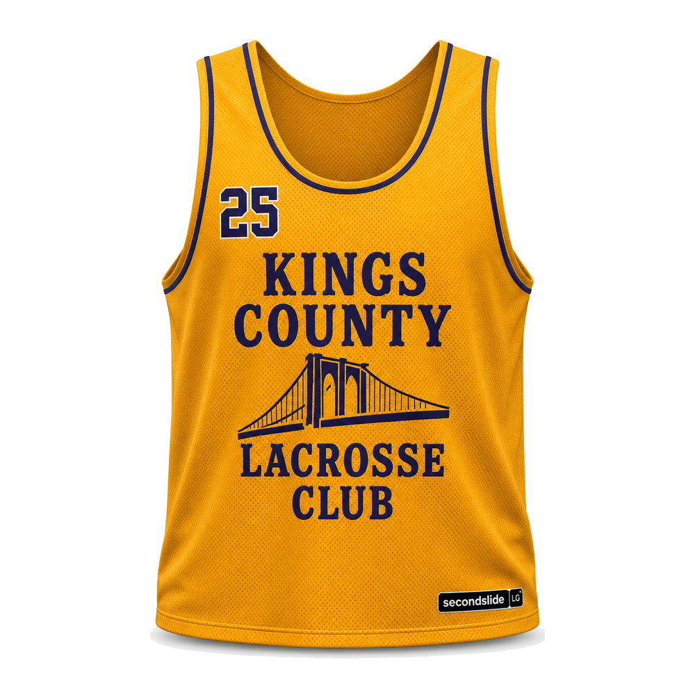 Kings County Lacrosse reversible pinnie, light-gold side front