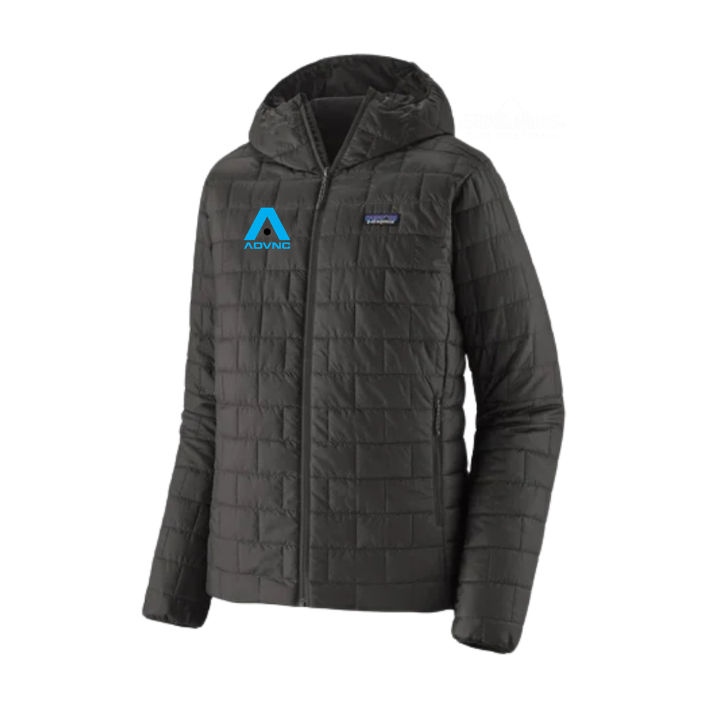 Black Patagonia Men's Nano Puff Hoody with the blue ADVNC girls logo on the left chest