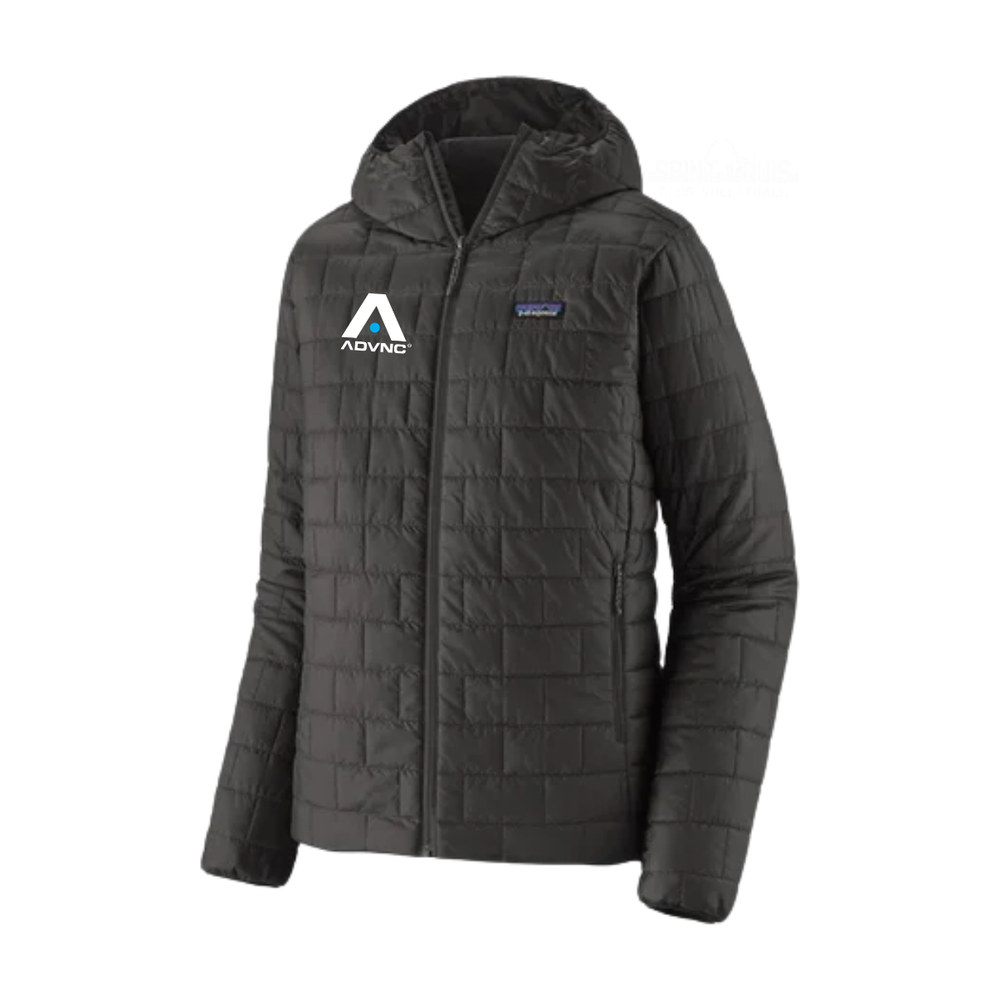 Black Patagonia Men's Nano Puff Hoody with the ADVNC logo on the left chest
