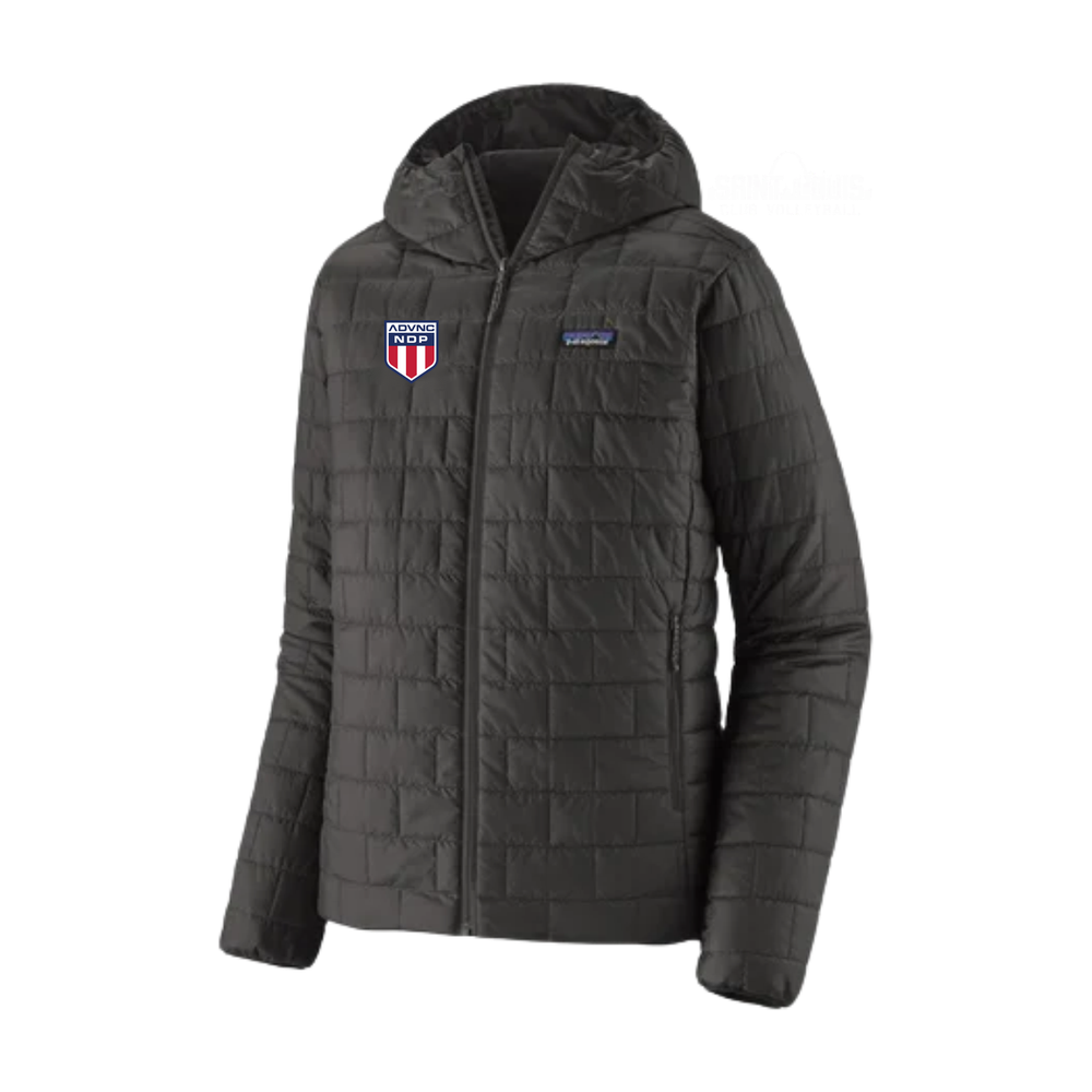 Black Patagonia Men's Nano Puff Hoody with the ADVNC NDP shield logo on the left chest