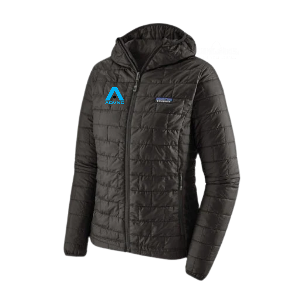 Black Patagonia Women's Nano Puff Hoody with the blue ADVNC girls logo on the left chest