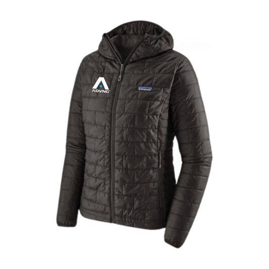 Black Patagonia Women's Nano Puff Hoody with the ADVNC logo on the left chest