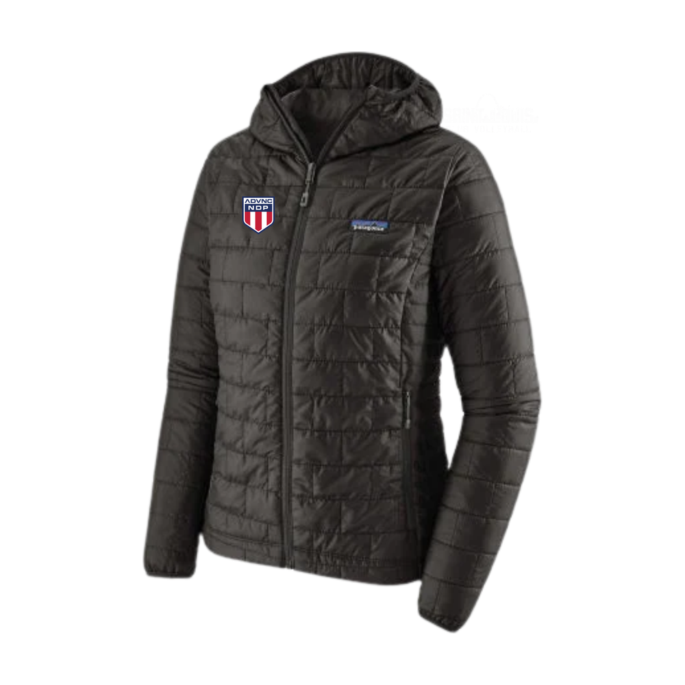 Black Patagonia Women's Nano Puff Hoody with the ADVNC NDP shield logo on the left chest