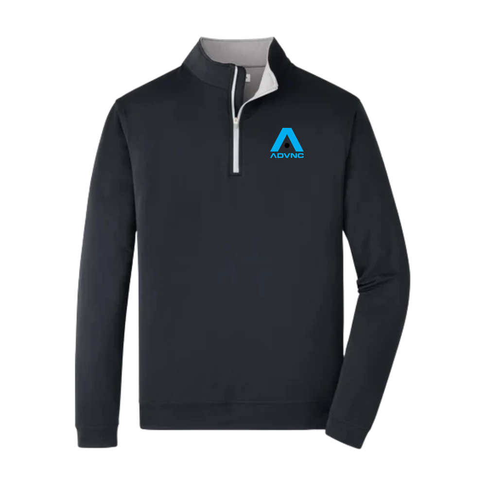 Black Peter Millar Men's Perth Quarter-Zip with the blue ADVNC girls logo on the left chest