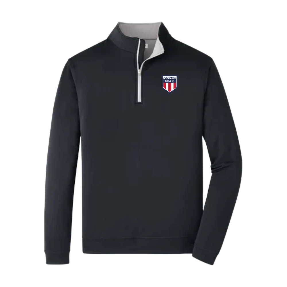 Black Peter Millar Men's Perth Quarter-Zip with the ADVNC NDP shield logo on the left chest