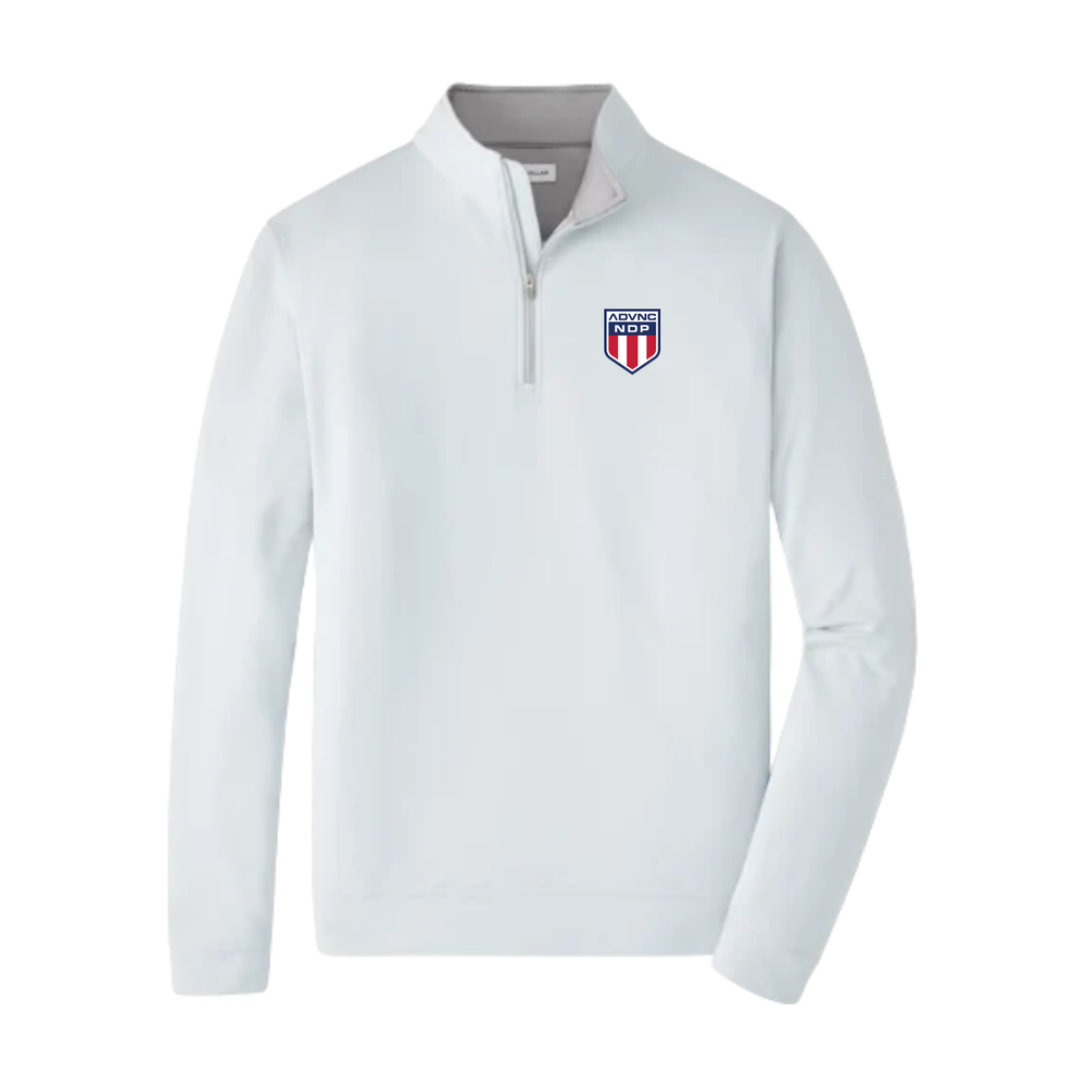 British Grey Peter Millar Men's Perth Quarter-Zip with the ADVNC NDP shield logo on the left chest