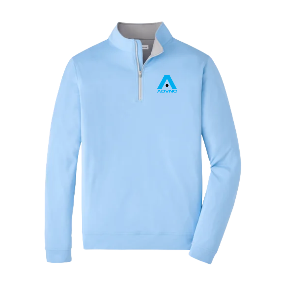 Cottage Blue Peter Millar Men's Perth Quarter-Zip with the blue ADVNC girls logo on the left chest