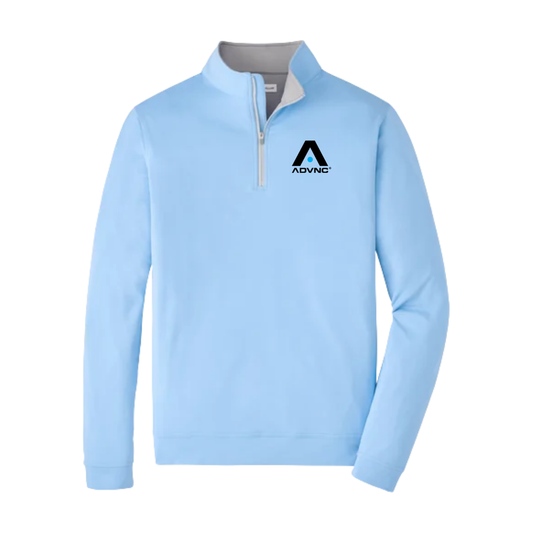 Cottage Blue Peter Millar Men's Perth Quarter-Zip with the ADVNC logo on the left chest