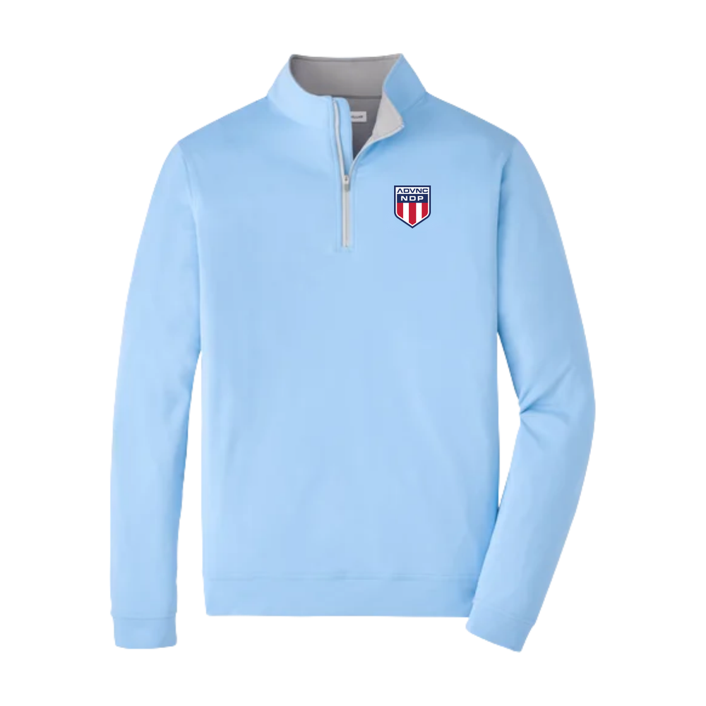 Cottage Blue Peter Millar Men's Perth Quarter-Zip with the ADVNC NDP shield logo on the left chest