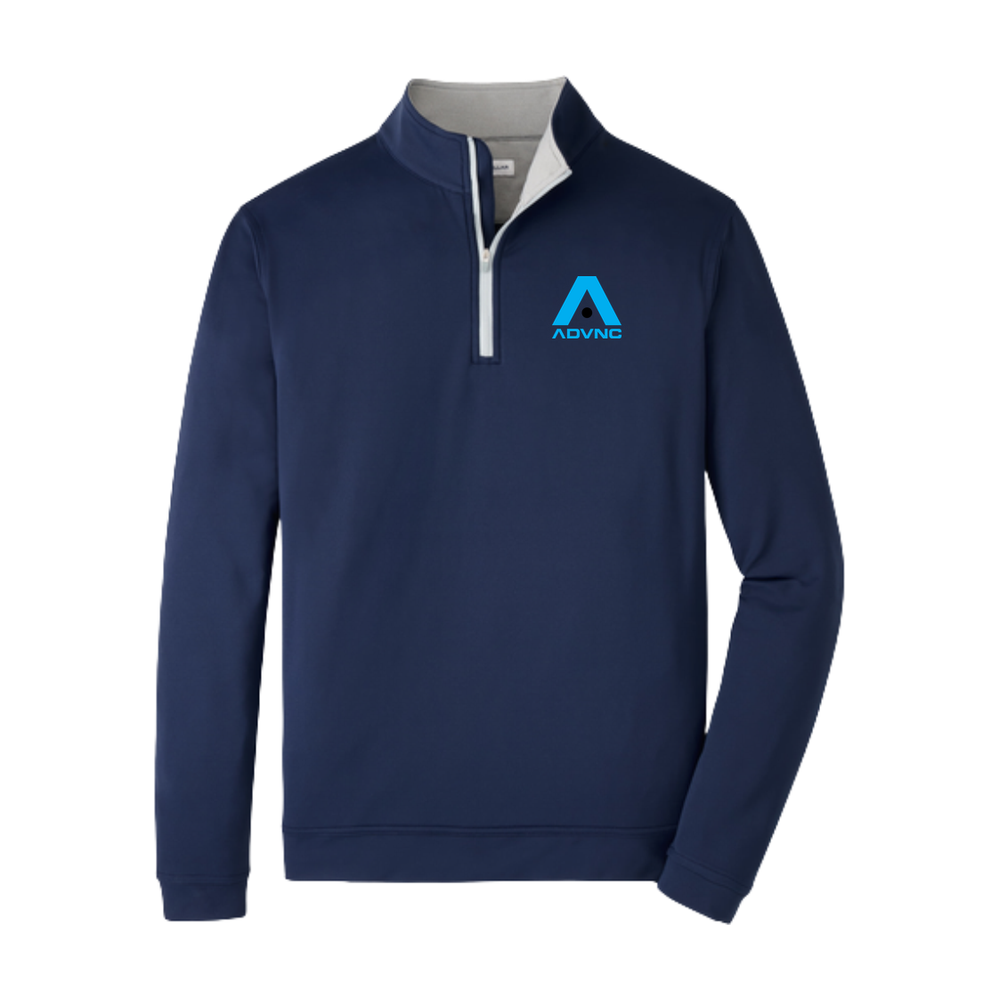 Navy Peter Millar Men's Perth Quarter-Zip with the blue ADVNC girls logo on the left chest
