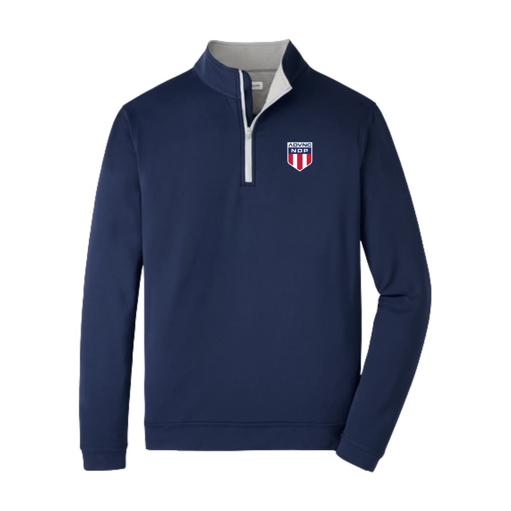 Navy Peter Millar Men's Perth Quarter-Zip with the ADVNC NDP shield logo on the left chest
