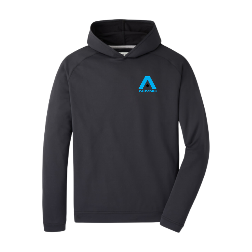 Black Peter Millar Men's Pine Performance Hoodie with the blue ADVNC girls logo on the left chest