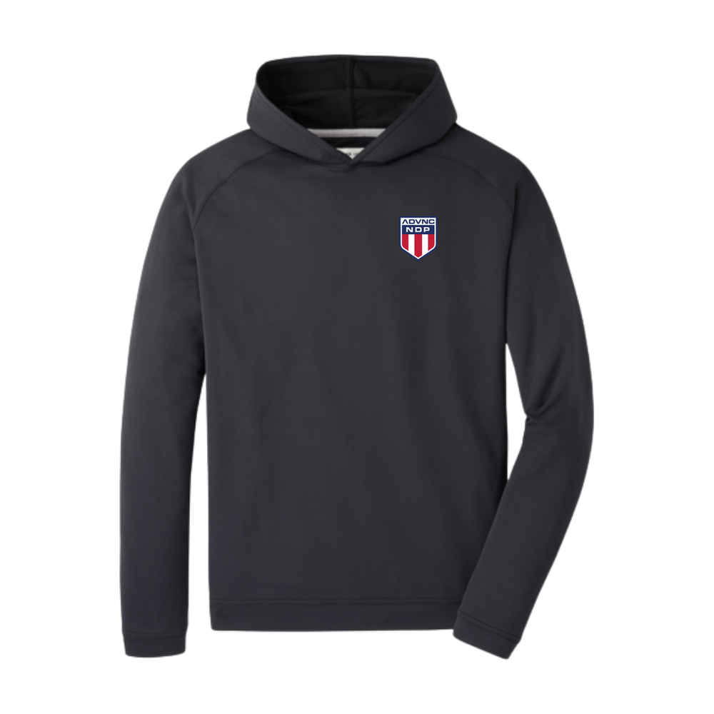 Black Peter Millar Men's Pine Performance Hoodie with the ADVNC NDP shield logo on the left chest