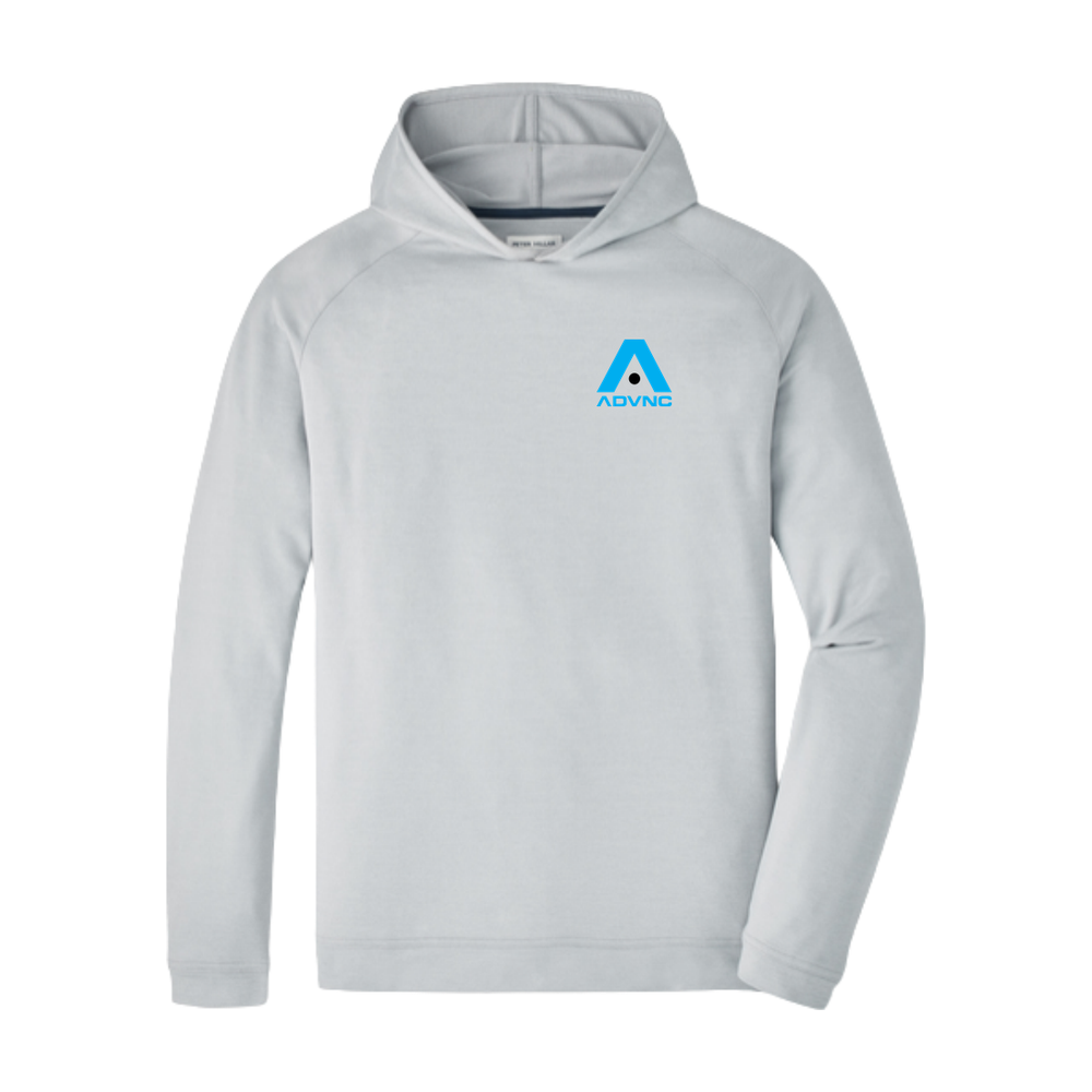 Gale Grey Peter Millar Men's Pine Performance Hoodie with the blue ADVNC girls logo on the left chest