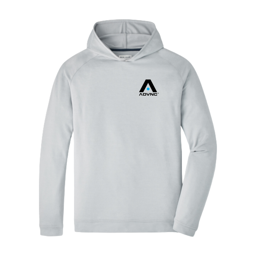 Gale Grey Peter Millar Men's Pine Performance Hoodie with the ADVNC logo on the left chest