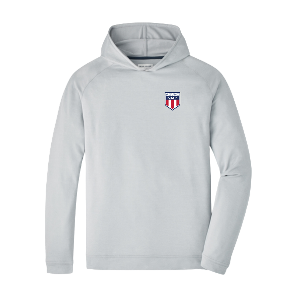 Gale Grey Peter Millar Men's Pine Performance Hoodie with the ADVNC NDP shield logo on the left chest