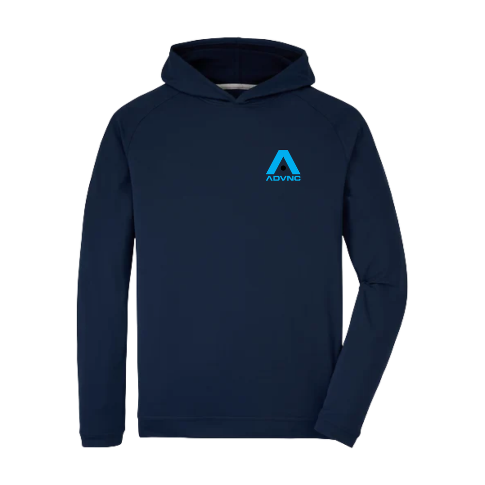 Navy Peter Millar Men's Pine Performance Hoodie with the blue ADVNC girls logo on the left chest