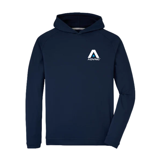 Navy Peter Millar Men's Pine Performance Hoodie with the ADVNC logo on the left chest