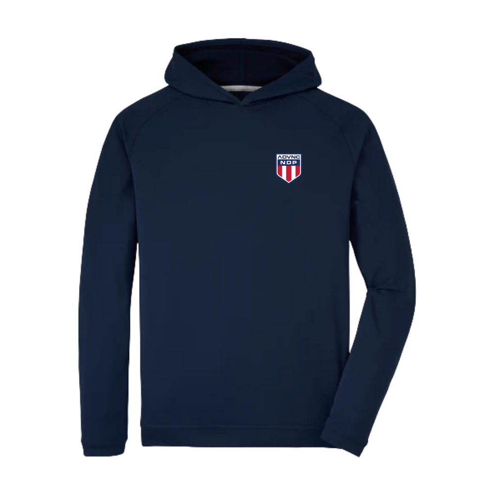 Navy Peter Millar Men's Pine Performance Hoodie with the ADVNC NDP shield logo on the left chest