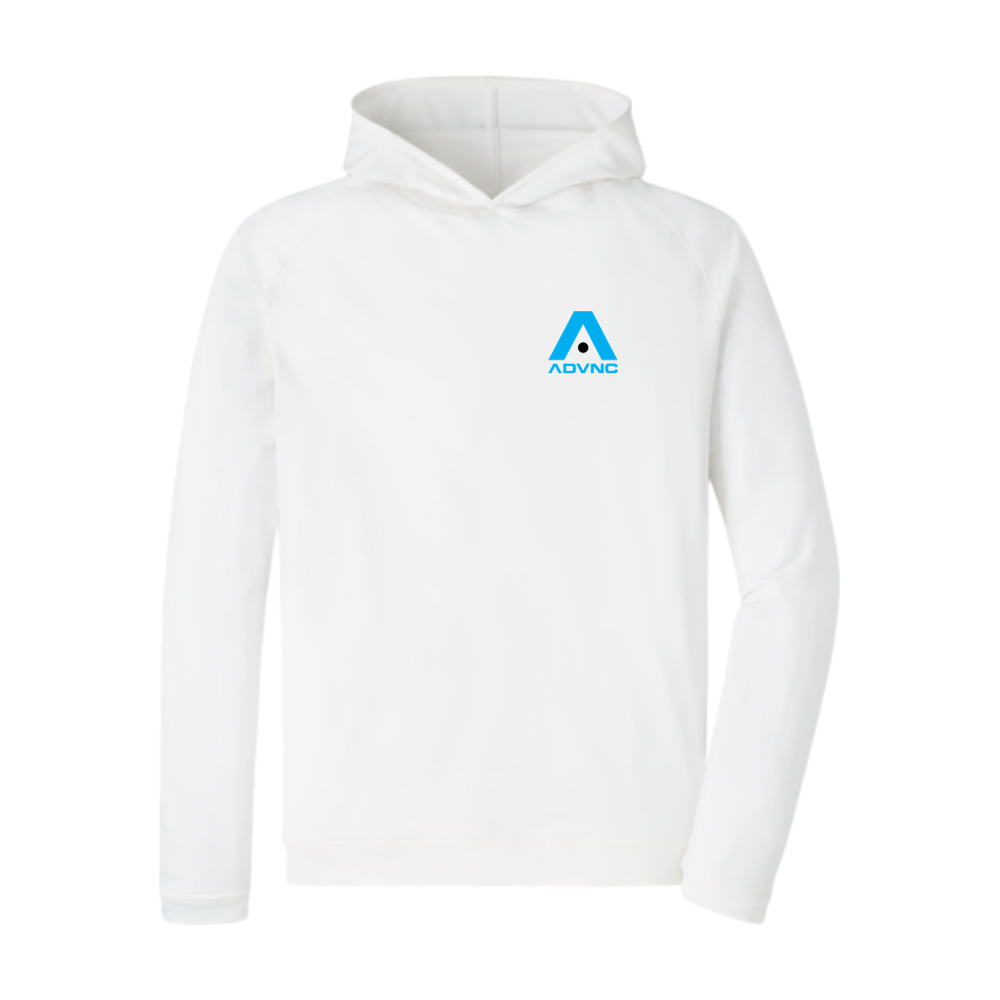 White Peter Millar Men's Pine Performance Hoodie with the blue ADVNC girls logo on the left chest