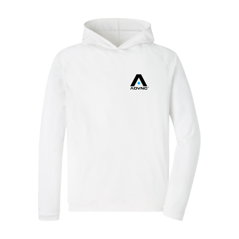 White Peter Millar Men's Pine Performance Hoodie with the ADVNC logo on the left chest