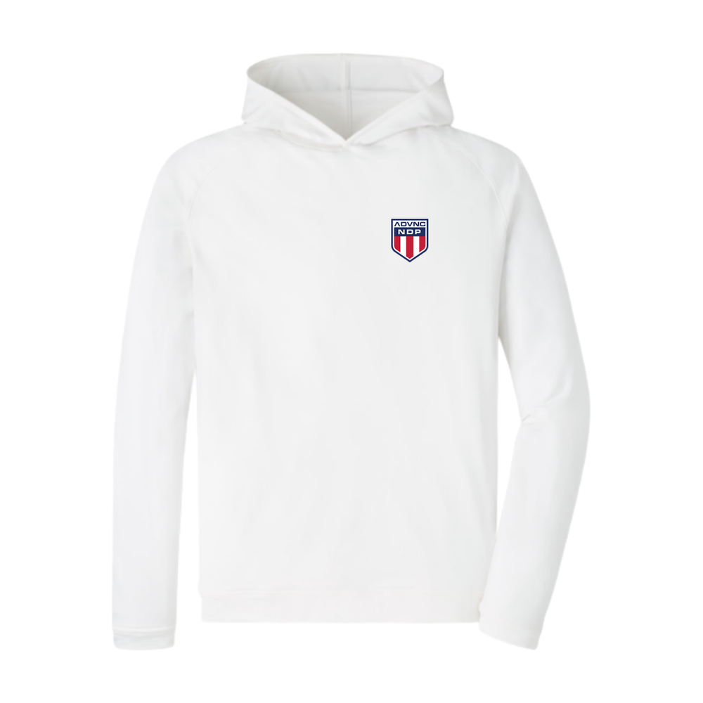 White Peter Millar Men's Pine Performance Hoodie with the ADVNC NDP shield logo on the left chest