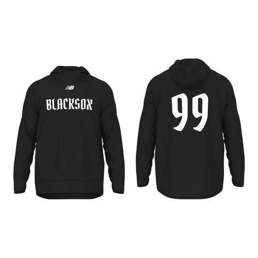 Black New Balance Zone Tech Hoodie with white BLACKSOX on the chest and a player number on the back